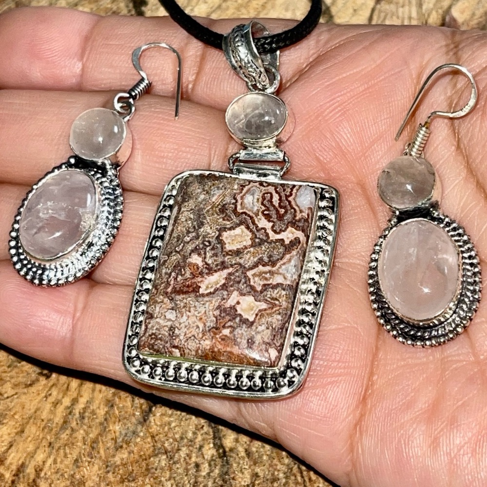 Crazy Lace Agate & Rose Quartz Pendant & Earrings Set